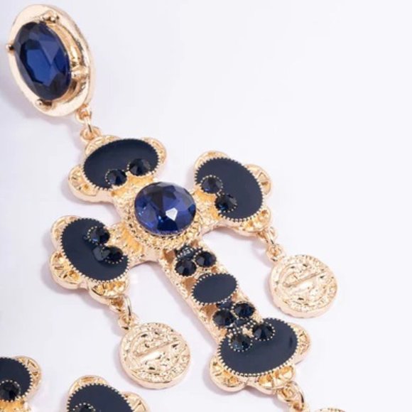 LOVISA MEDIEVAL ROYAL CROSS & COIN GOLD SAPPHIRE BLUE CRYSTAL EARRINGS**NEW! - Picture 3 of 3